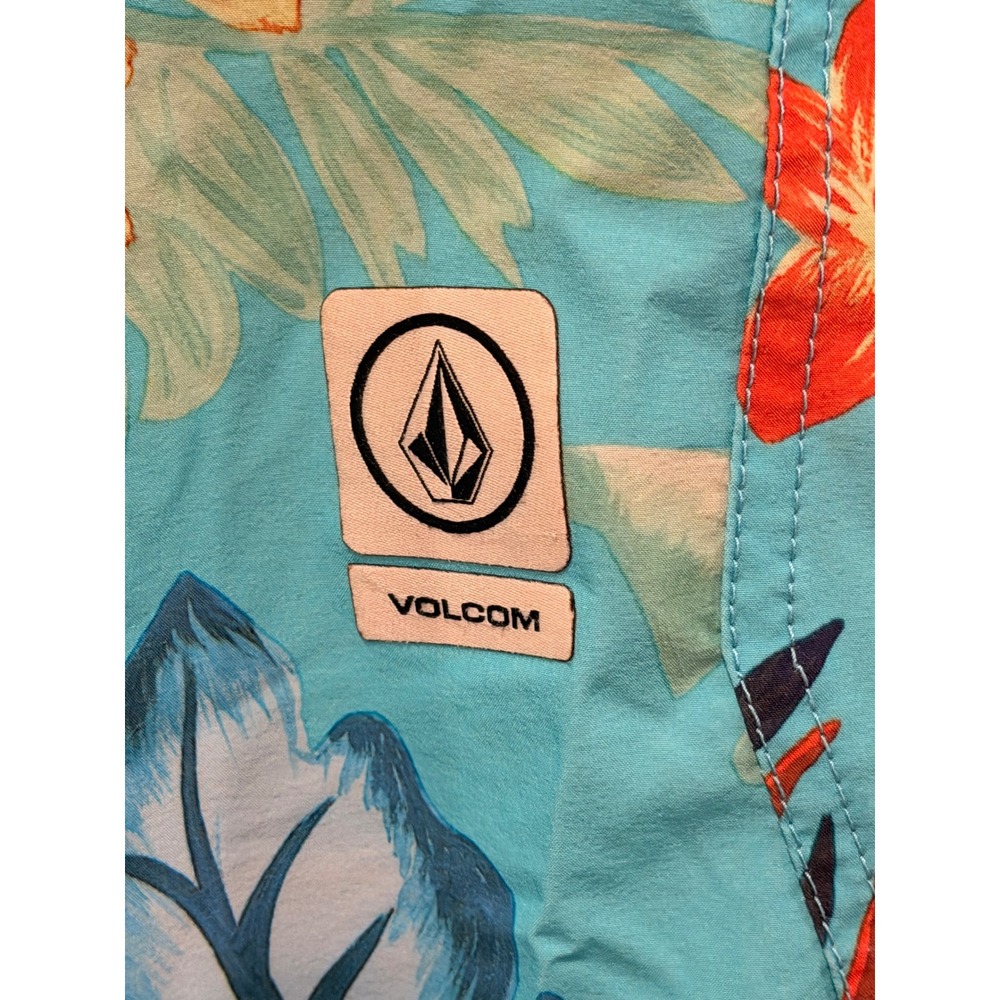 Volcom Boys Teal Orange Hibiscus Floral Board Shorts Swim Trunks Size S 8 10 - Picture 2 of 8